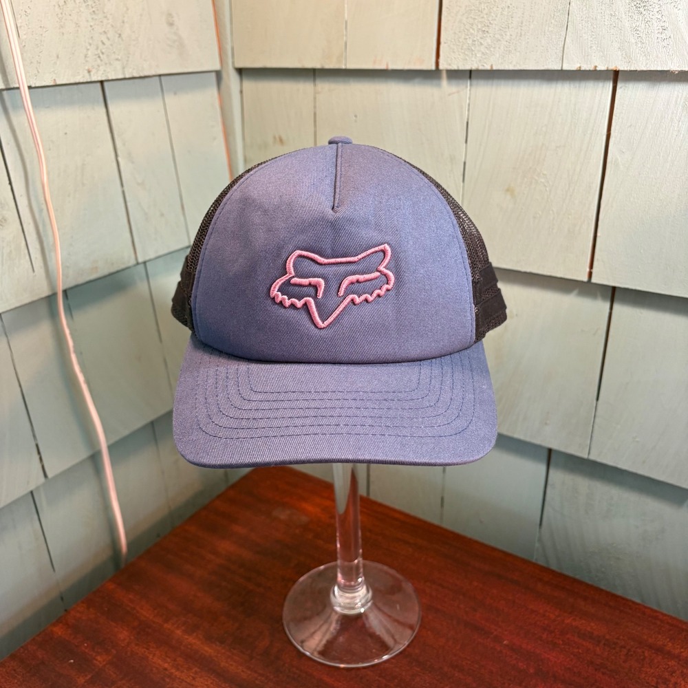 Fox Racing Blue Black Trucker Hat Pink Embroidered Fox Head Logo Snapback Cap
